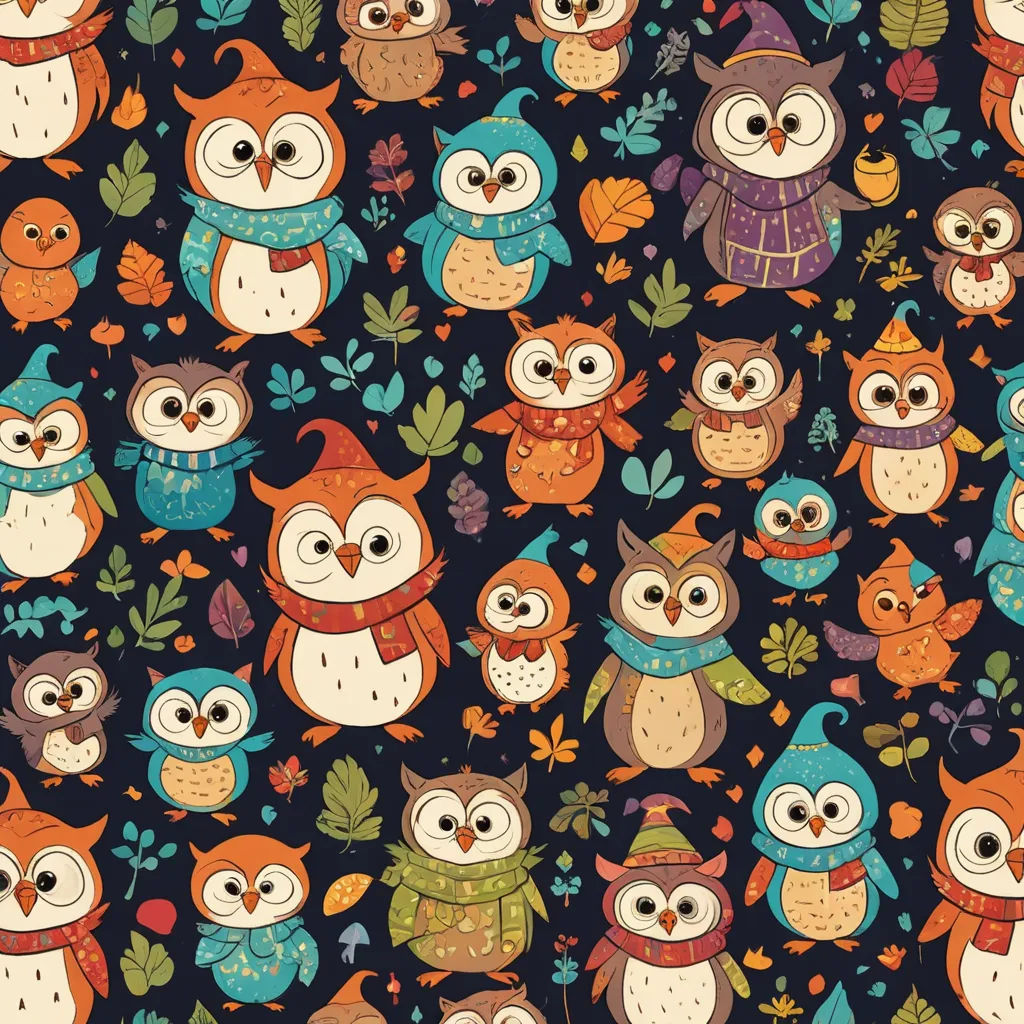 a group of owls sitting on top of a tree branch in a forest with leaves and leaves around them, maximalism, a storybook illustration, Chris LaBrooy, birds