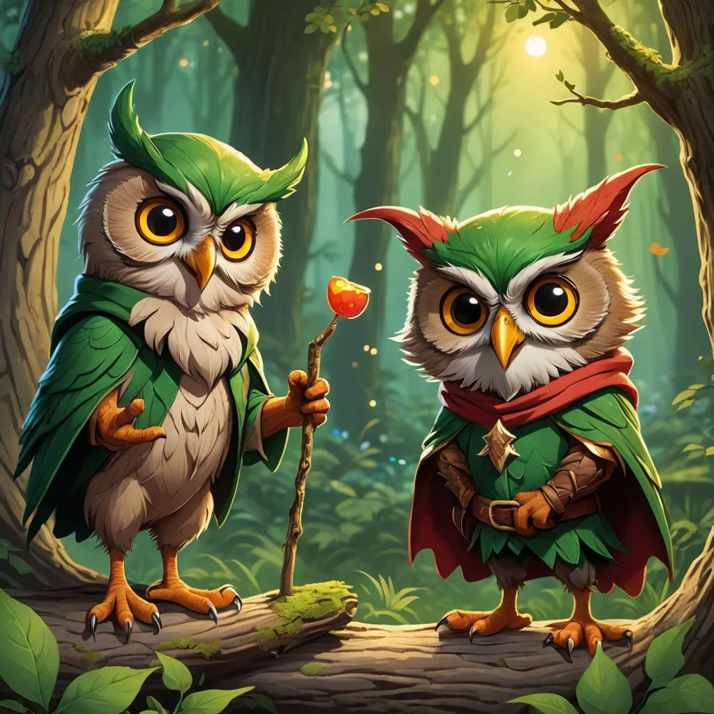 two owls standing on a log in a forest with a flower in its beak and a leaf in its beak, fantasy art, concept art, Dan Mumford, game art