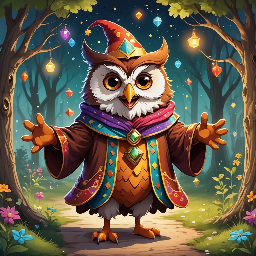 an owl dressed in a wizard costume standing in a forest with a lantern in its hand and a hat on its head, sots art, a detailed painting, Chris LaBrooy, game art