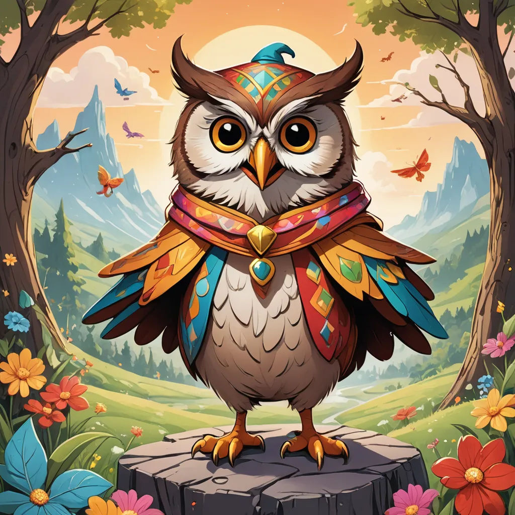 a cartoon owl with a scarf on a stump in a forest with flowers and butterflies around it, with a sunset in the background, sots art, a character portrait, Chris LaBrooy, game art