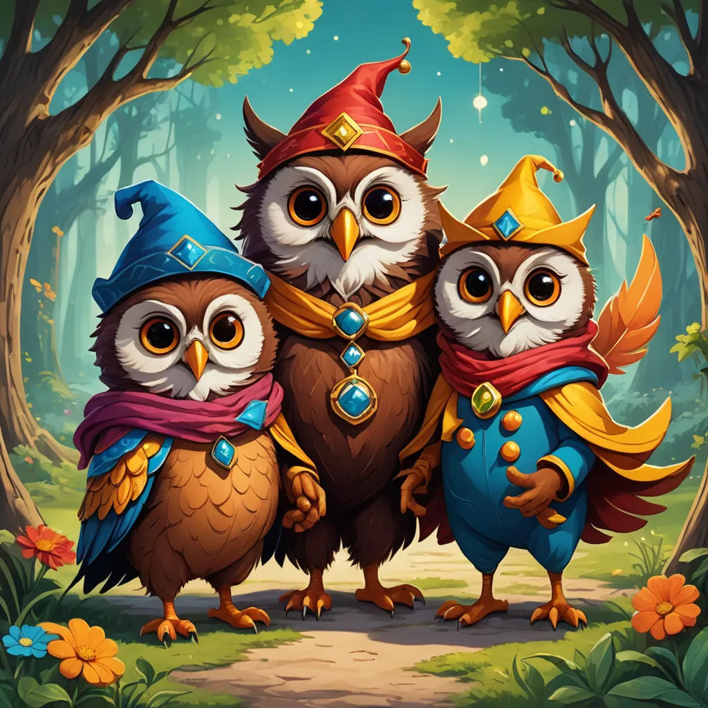 three owls are standing in the woods wearing hats and scarves and scarves on their heads and eyes, sots art, a storybook illustration, Chris LaBrooy, game art