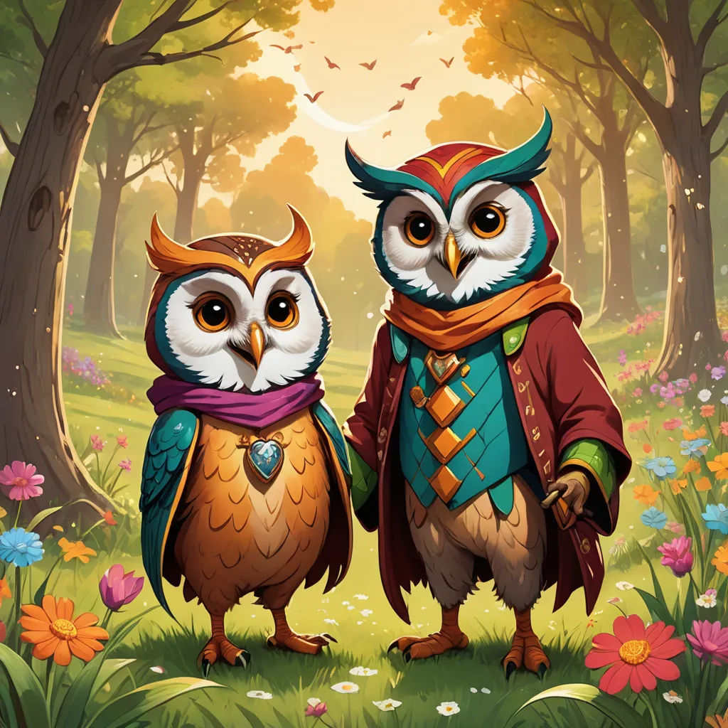 two owls standing next to each other in a forest with flowers and trees in the background, one of them wearing a scarf, fantasy art, concept art, Chris LaBrooy, official art
