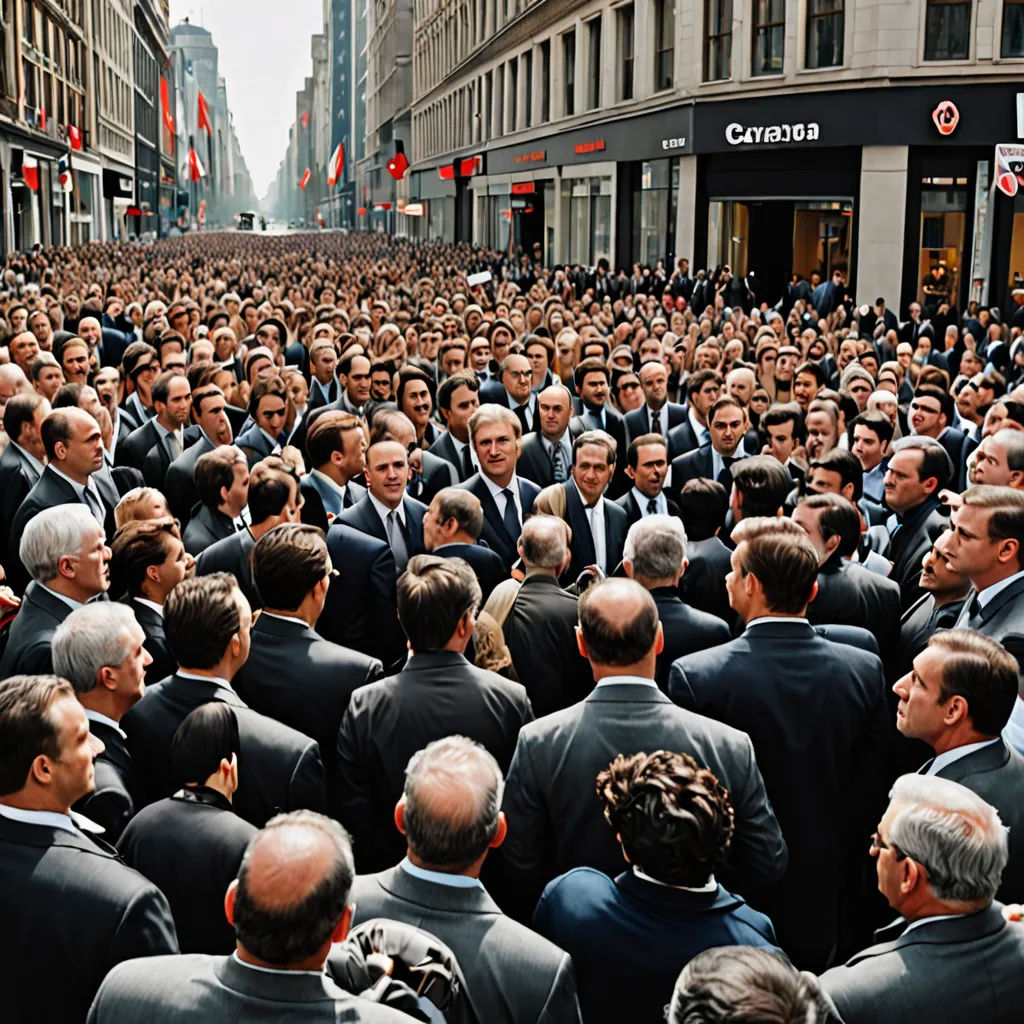 a large group of people standing in a street with buildings in the background and a crowd of people in suits, assemblage, a microscopic photo, Andreas Gursky, award - winning photo