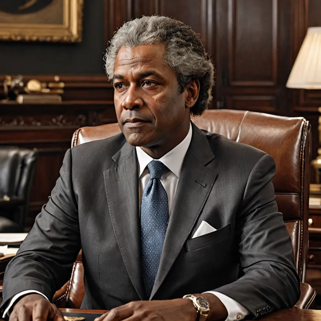 a man in a suit sitting at a desk in an office setting with a lamp on the side of the desk, institutional critique, a character portrait, Derek Hill, promotional image