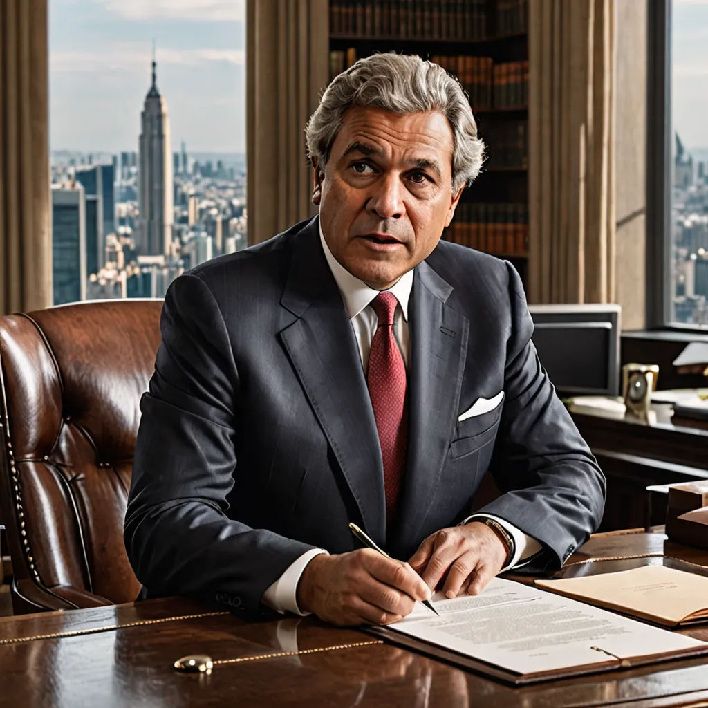a man in a suit sitting at a desk with a pen and paper in his hand and a city in the background, american scene painting, a poster, Bernie D’Andrea, promotional image