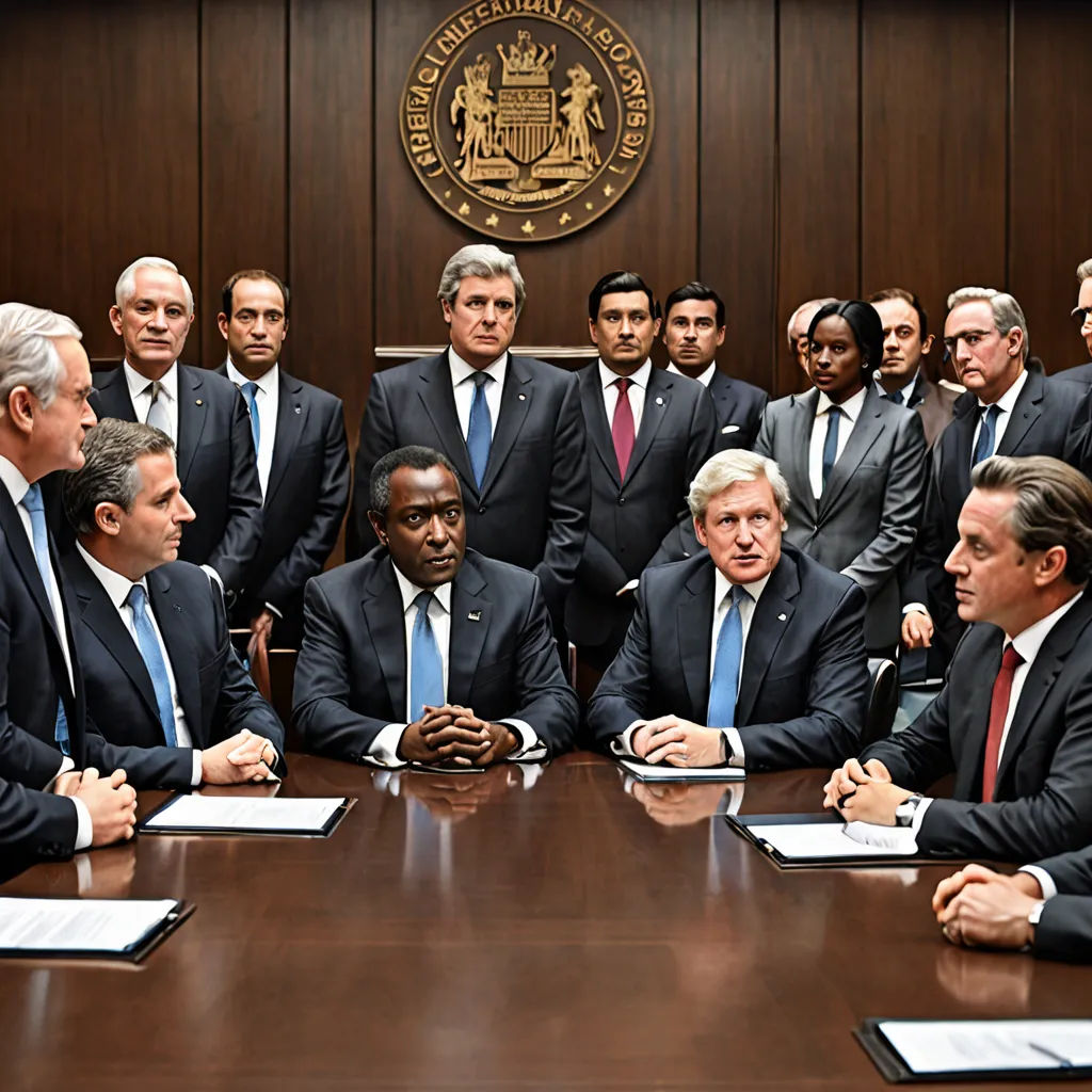 a group of men sitting around a table in a meeting room with a plaque behind them that says,, assemblage, a stock photo, Carlos Trillo Name, cinematic still