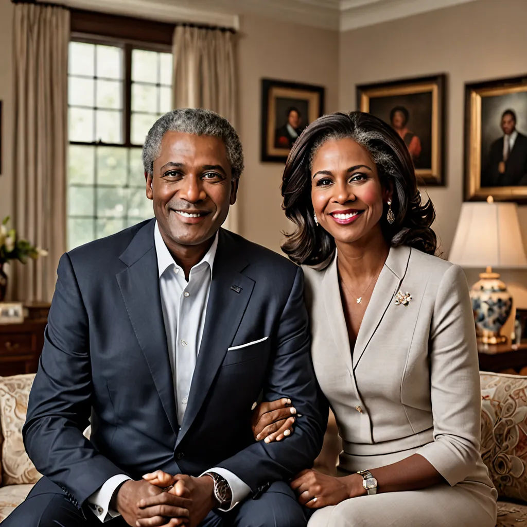 a man and woman sitting on a couch in a living room together, smiling for the camera, with a portrait of them on the wall behind them, precisionism, a portrait, Christopher Perkins, professional photo
