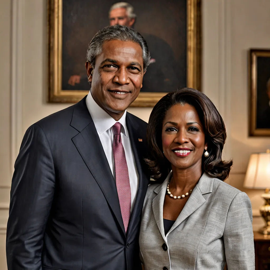 a man and a woman standing in a room together smiling for the camera, with a portrait of president bush in the background, american scene painting, a portrait, Christopher Perkins, promotional image