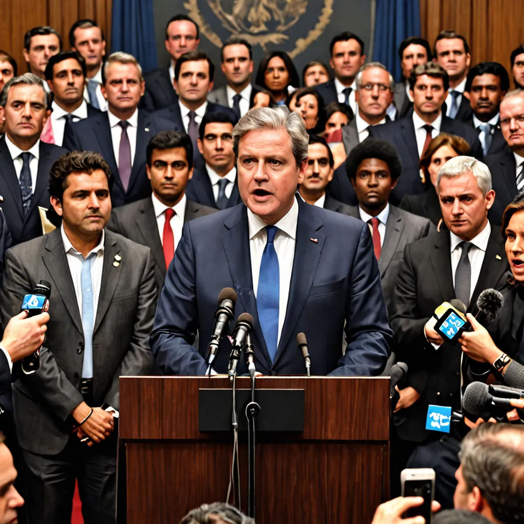 a man standing at a podium in front of a crowd of people with microphones in front of him, assemblage, a stock photo, Enguerrand Quarton, promotional image