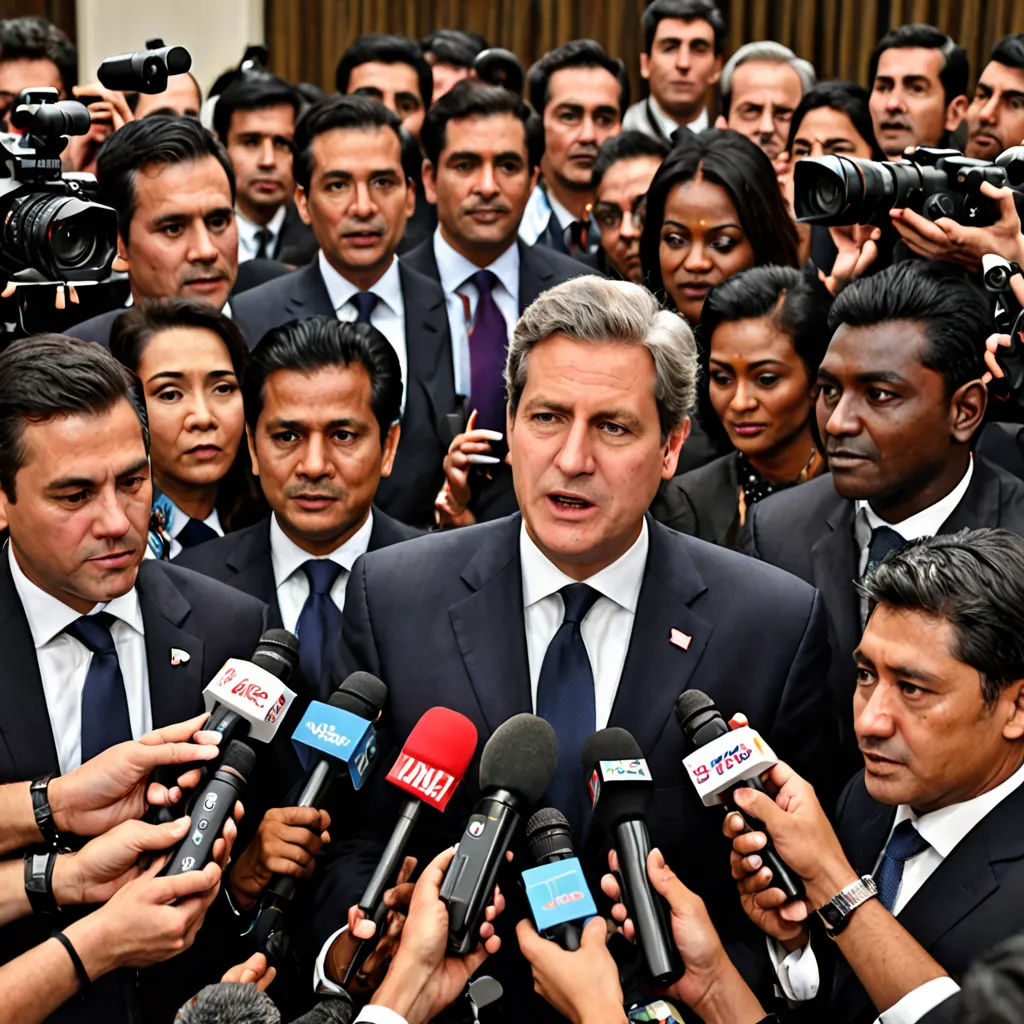 a group of people standing around each other with microphones in front of them and a man in a suit, private press, a stock photo, Enguerrand Quarton, promotional image