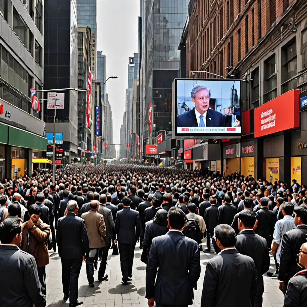 a large group of people walking down a street in a city with a television screen on the side of the street, neoism, a digital rendering, David Diao, ultra wide angle