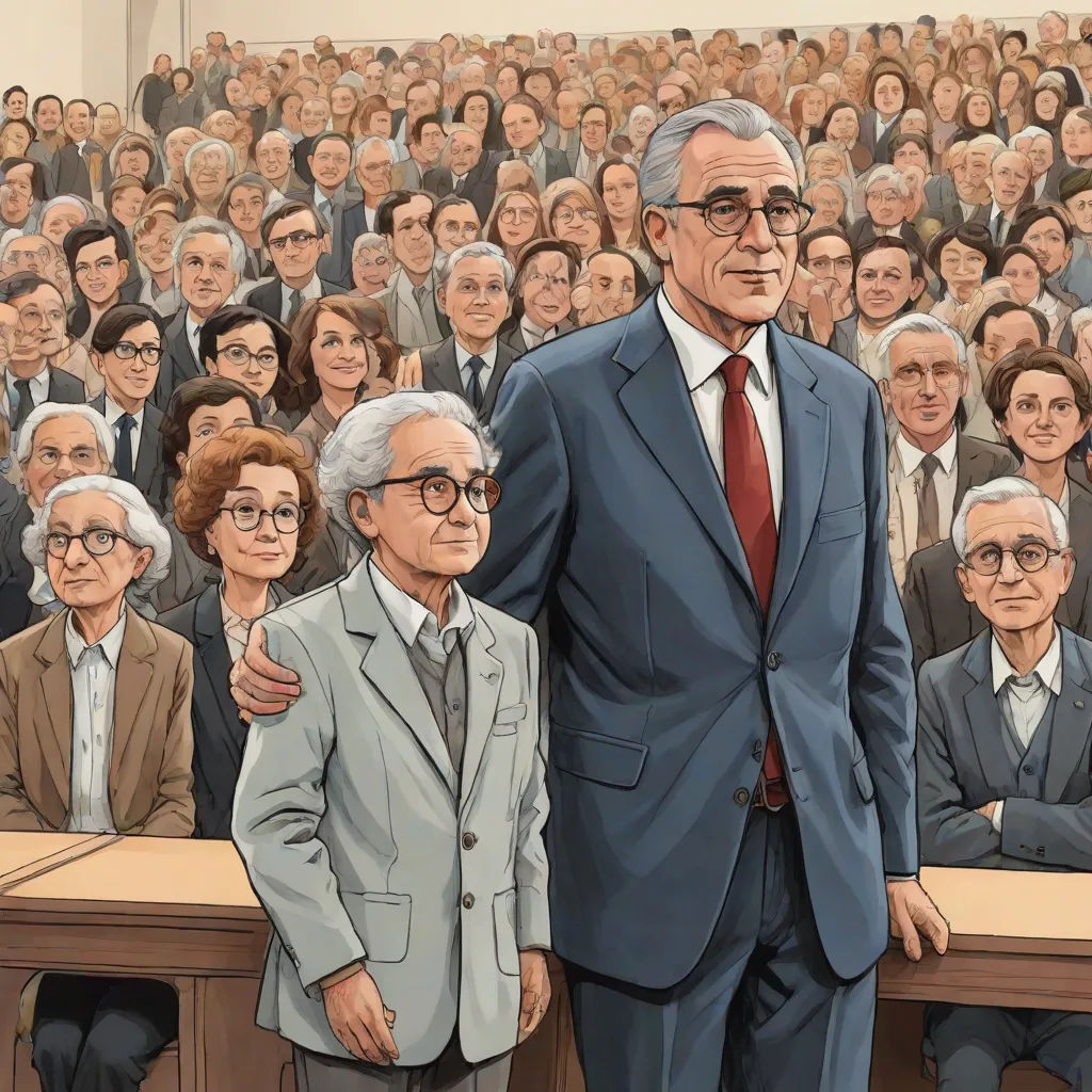 a painting of a man standing next to a woman in front of a crowd of people in suits and ties, massurrealism, a detailed painting, Christo, official art