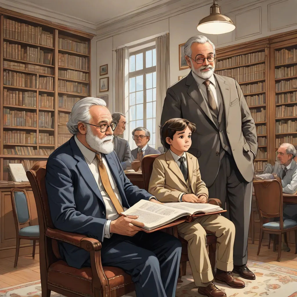 a painting of a man sitting in a chair with a boy in front of him and a man standing behind him, academic art, a storybook illustration, Brothers Hildebrandt, official art