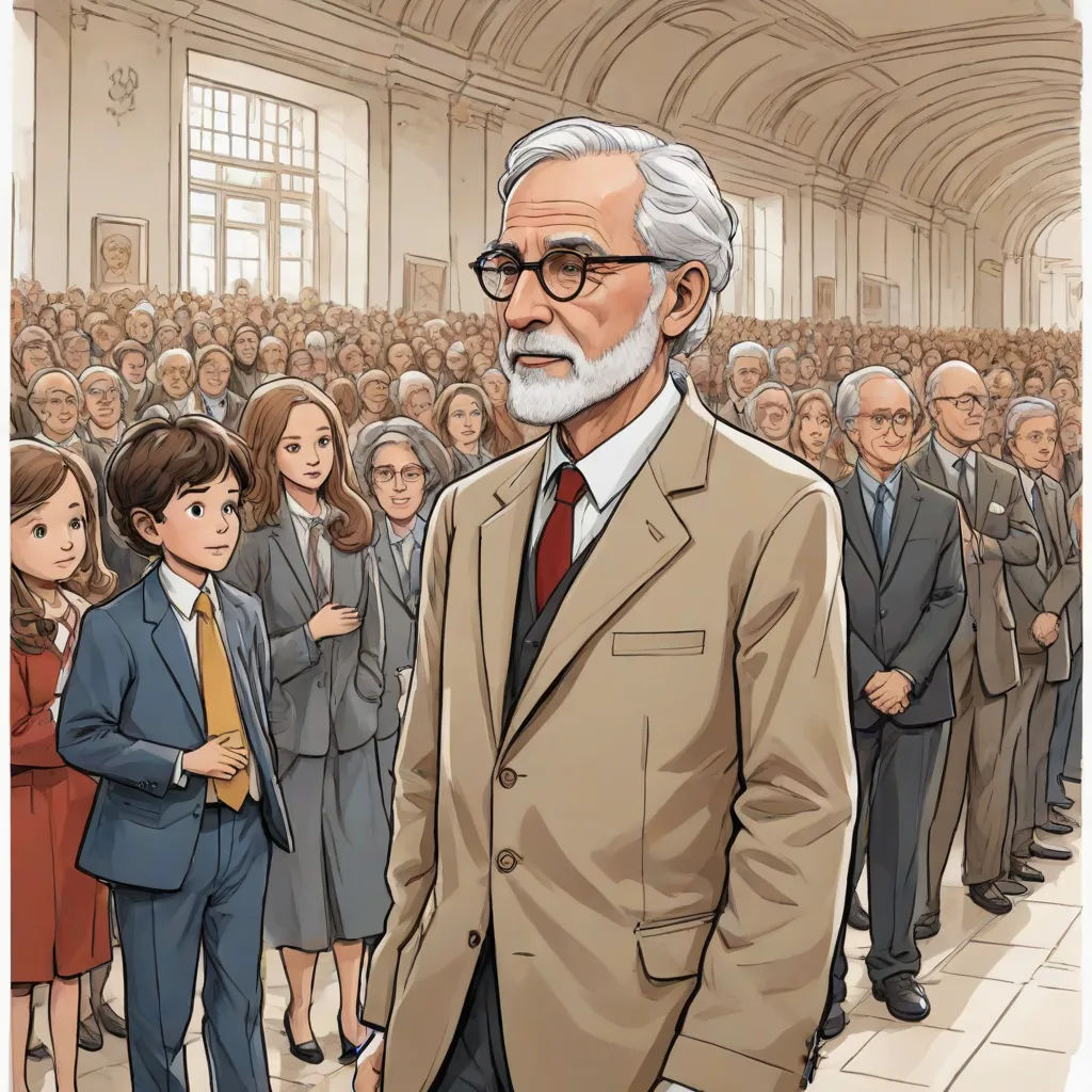 a man in a suit and tie standing in front of a crowd of people in a building with a white beard, academic art, a storybook illustration, Alejandro Burdisio, official art