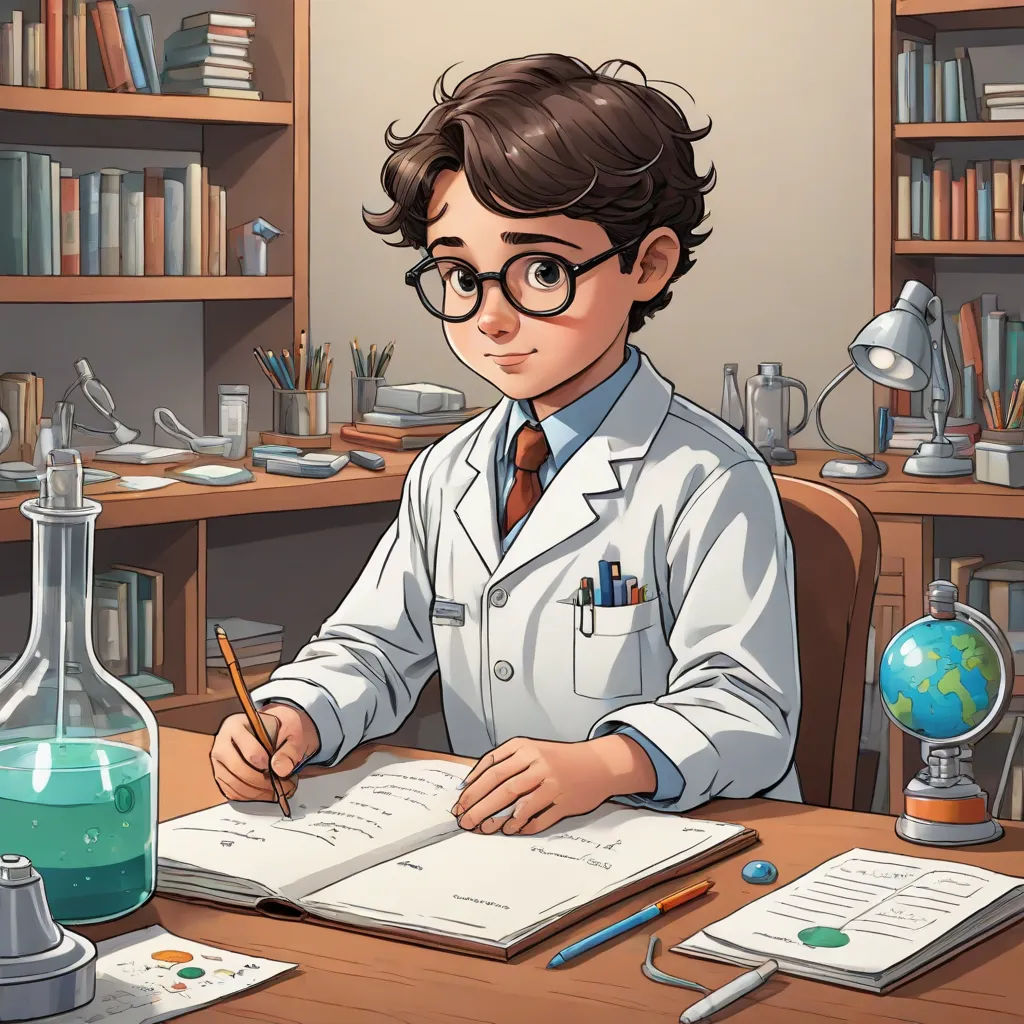 a boy in a lab coat writing on a book in front of a desk with a globe and a book, remodernism, a character portrait, Cedric Seaut (Keos Masons), official art