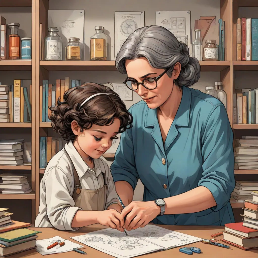 a woman and a child are looking at a book together in a library with bookshelves and books, academic art, a storybook illustration, Ada Gladys Killins, storybook illustration