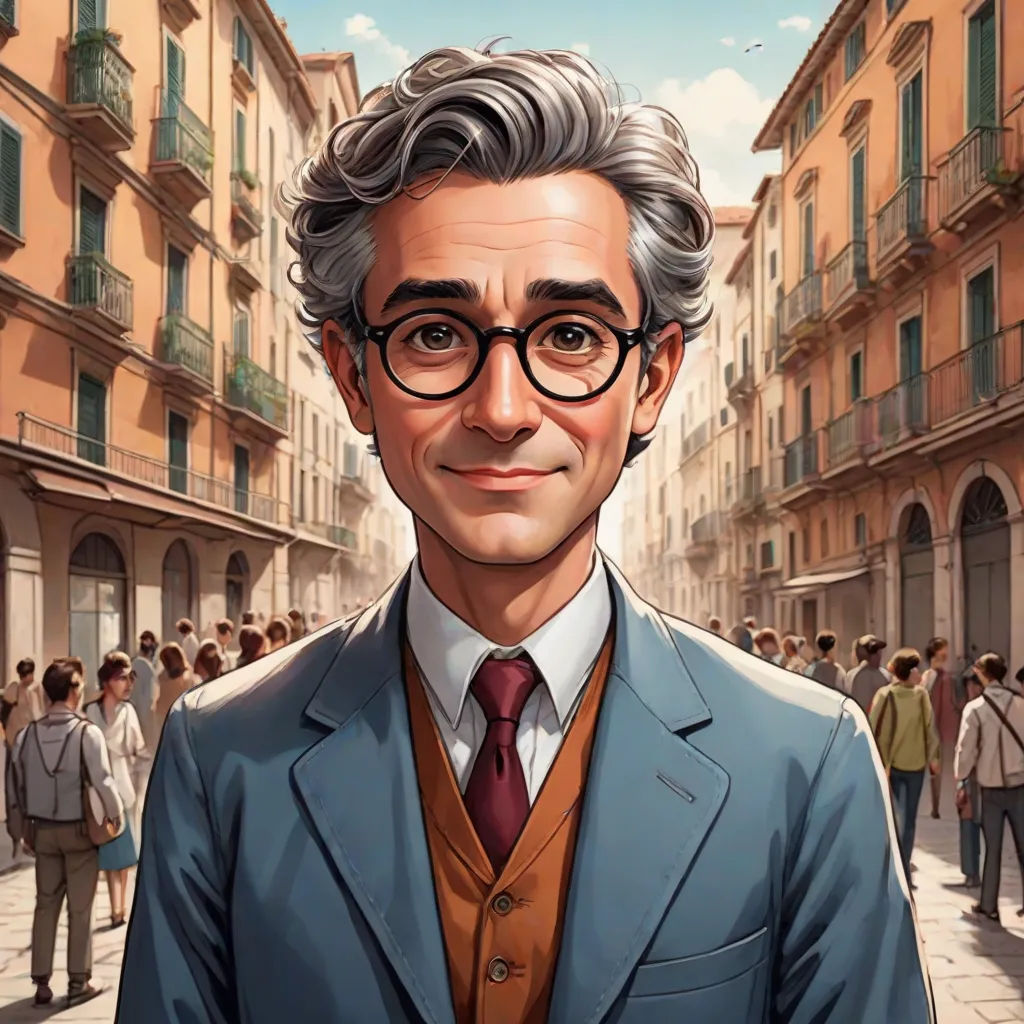 a man in a suit and tie standing in a street with people walking by him and a building with balconies, serial art, a character portrait, Aniello Falcone, character portrait