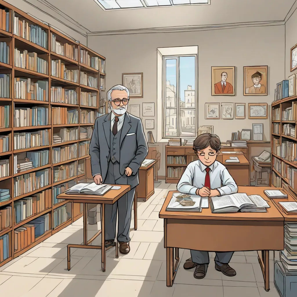 a man standing in front of a desk in a library with a boy sitting at it and another man standing behind him, academic art, a storybook illustration, Fernando Botero, graphic novel