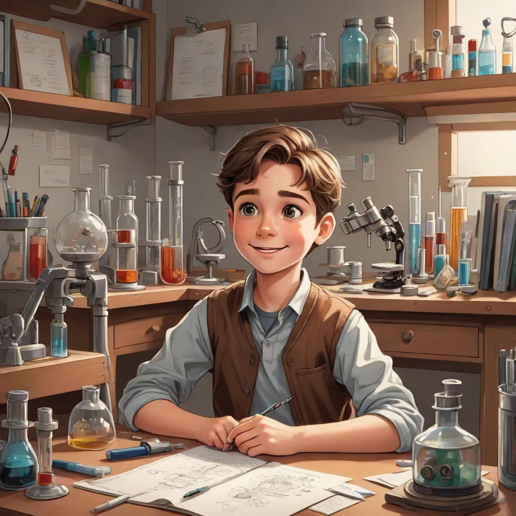a boy sitting at a desk with a book and a microscope in front of him and a lot of books on the shelves, academic art, a storybook illustration, Diego Gisbert Llorens, rossdraws global illumination