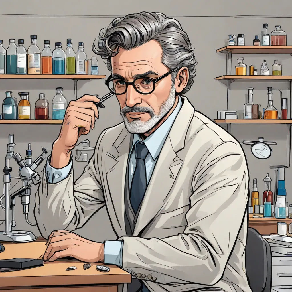 a man in a lab coat is looking at a computer screen and holding a pen in his hand and looking at the screen, academic art, a comic book panel, Chip Zdarsky, official art
