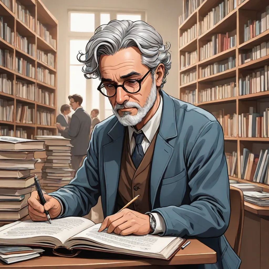 a man sitting at a desk with a book and pen in his hand and a book in front of him, academic art, a comic book panel, Edmond Xavier Kapp, official art
