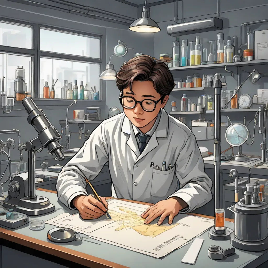 a man in a lab coat is writing on a piece of paper with a microscope and a microscope in the background, academic art, computer graphics, An Gyeon, official art