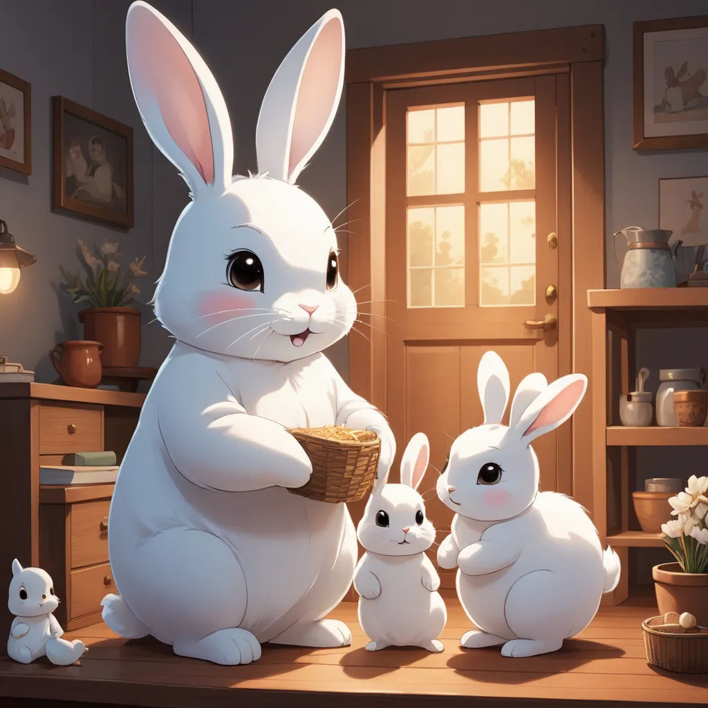 a cartoon of a family of rabbits sitting on a table with a basket of eggs in front of them, furry art, a storybook illustration, Beatrix Potter, rossdraws global illumination