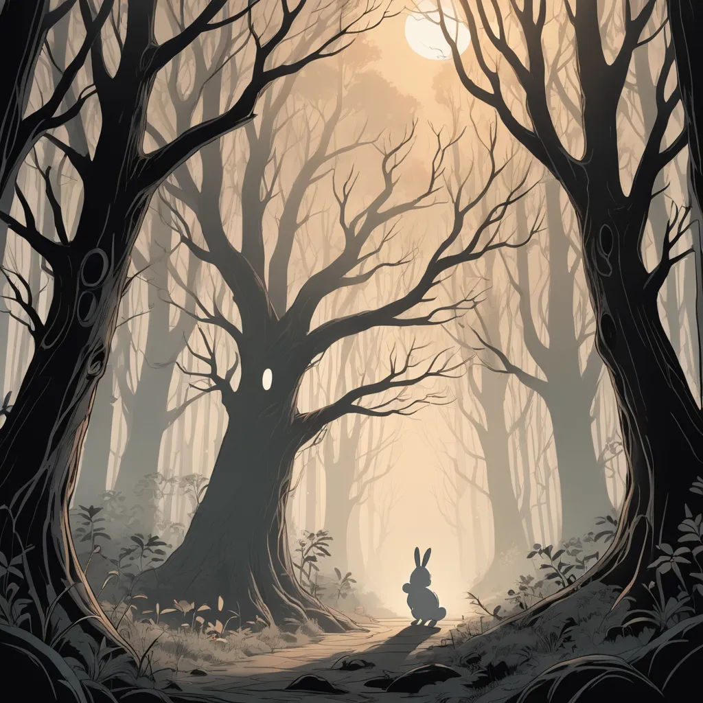 a rabbit sitting in the middle of a forest with trees and sun shining through the trees behind it,, magical realism, a storybook illustration, Bob Ringwood, storybook illustration