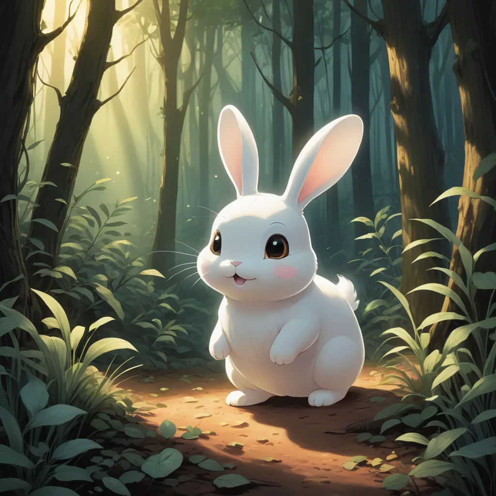 a white rabbit sitting in the middle of a forest with leaves on the ground and a light shining on the ground, furry art, a storybook illustration, Dave Melvin, rossdraws global illumination