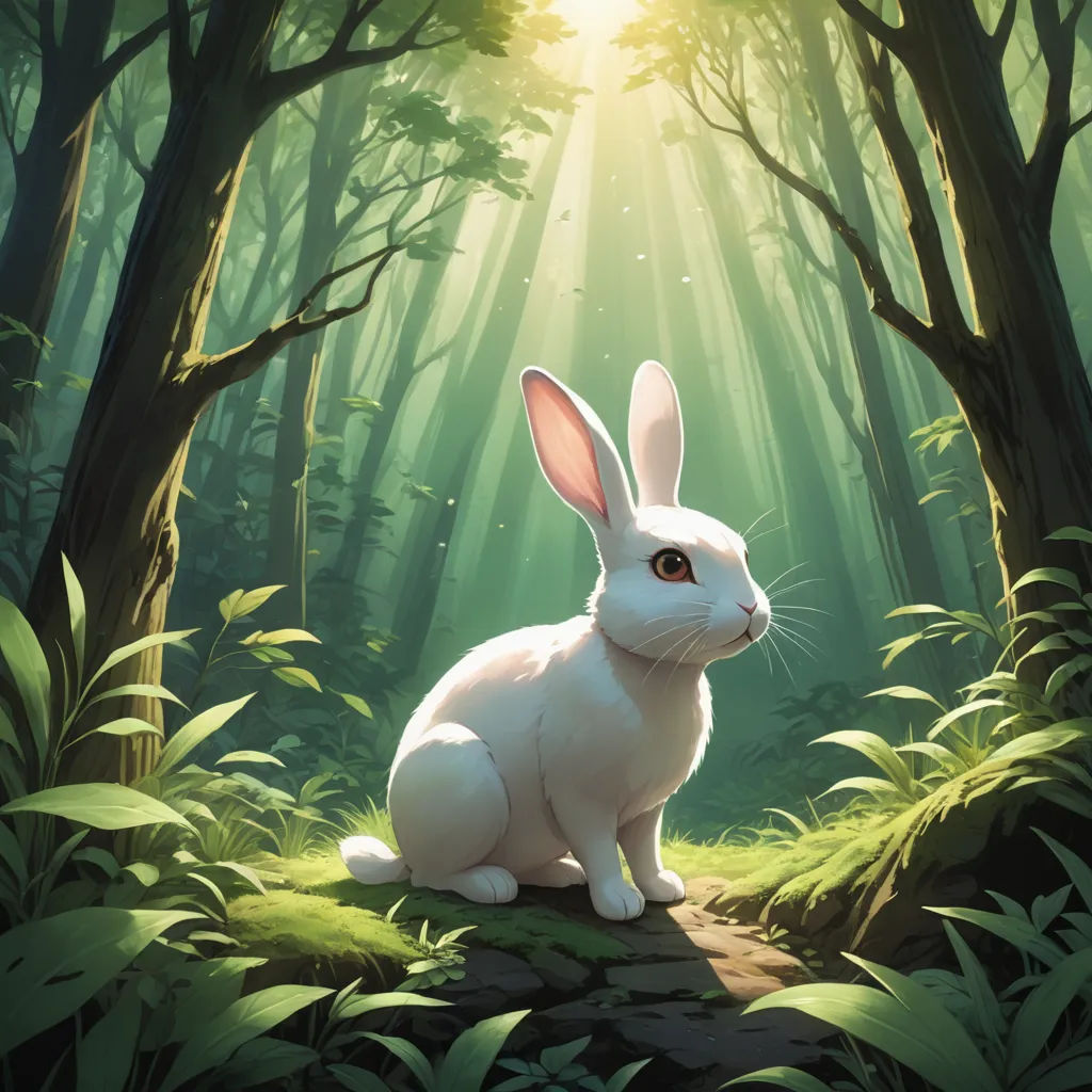 a white rabbit sitting in the middle of a forest with sunlight coming through the trees and leaves on the ground, fantasy art, a storybook illustration, Clint Cearley, rossdraws global illumination
