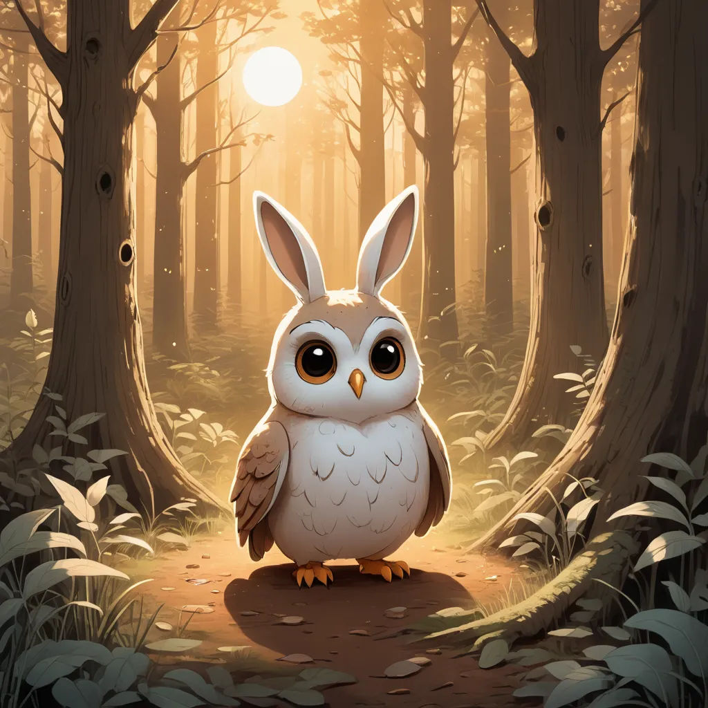 a cartoon of an owl sitting in a forest with the sun shining through the trees behind it and a bunny ears on its head, sots art, a character portrait, Dan Mumford, rossdraws global illumination