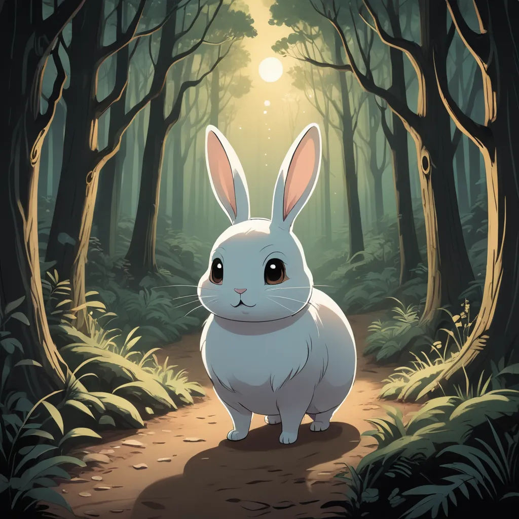 a rabbit is standing in the middle of a forest with a light shining on it's face and eyes, fantasy art, a storybook illustration, Dan Mumford, rossdraws global illumination