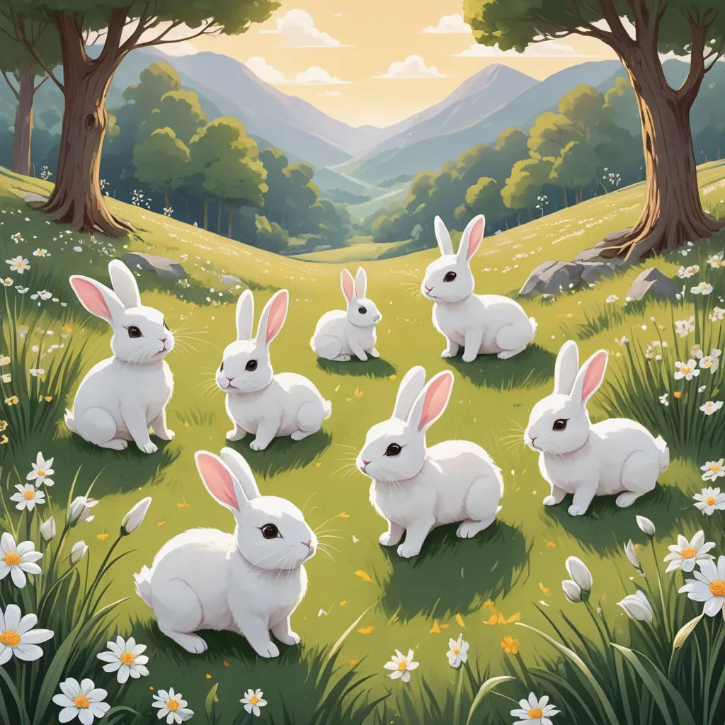 a painting of a group of rabbits in a field of flowers and trees with mountains in the background and a sunset, furry art, a storybook illustration, Chris LaBrooy, rossdraws global illumination