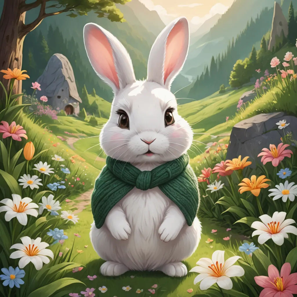 a white rabbit with a green scarf sitting in a field of flowers and grass with a forest in the background, furry art, a detailed painting, Chris LaBrooy, rossdraws global illumination