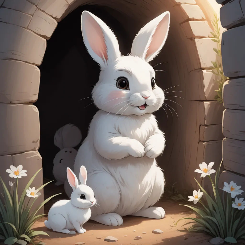 a white rabbit and a white rabbit in a stone tunnel with daisies around it and a brick wall, furry art, a storybook illustration, Beatrix Potter, rossdraws global illumination