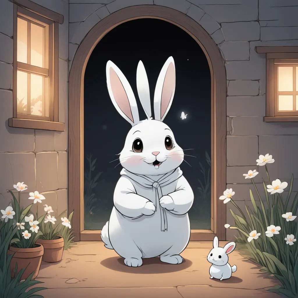 a white rabbit standing in front of a doorway with a little bunny sitting next to it on a sidewalk, furry art, a storybook illustration, Beatrix Potter, storybook illustration
