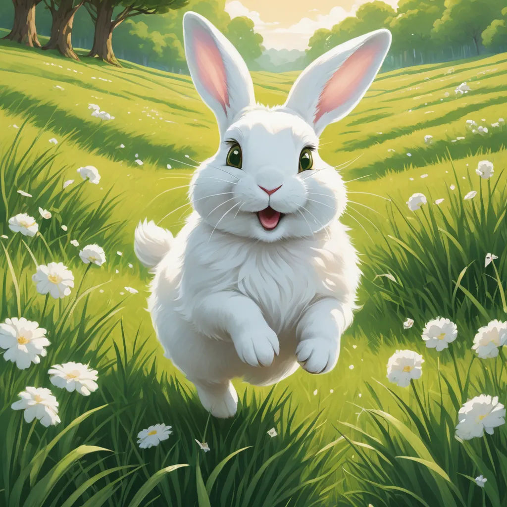 a white rabbit running through a field of flowers and grass with trees in the background and a sunlit sky, altermodern, a fine art painting, Aaron Jasinski, magic the gathering artwork