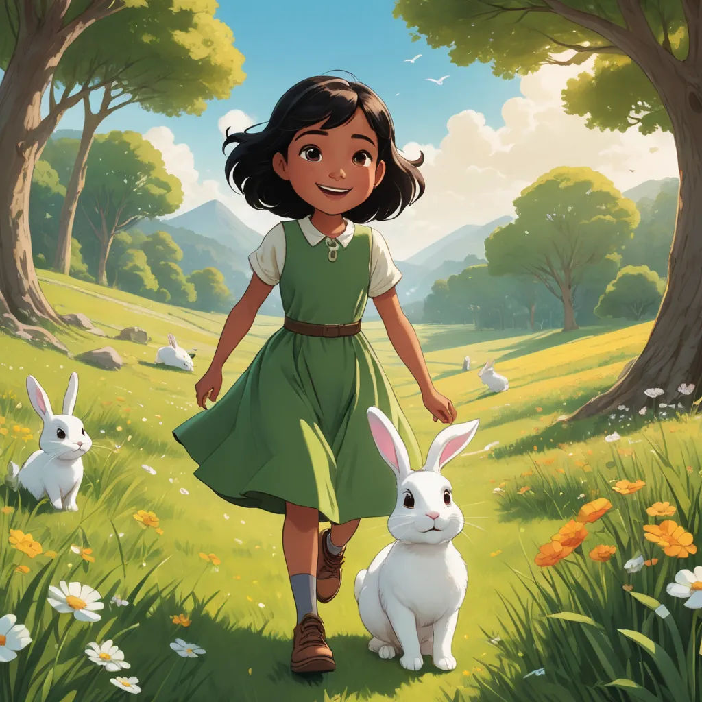 a girl in a green dress walking with two rabbits in a field of flowers and trees in the background, magical realism, poster art, Aaron Jasinski, promotional image