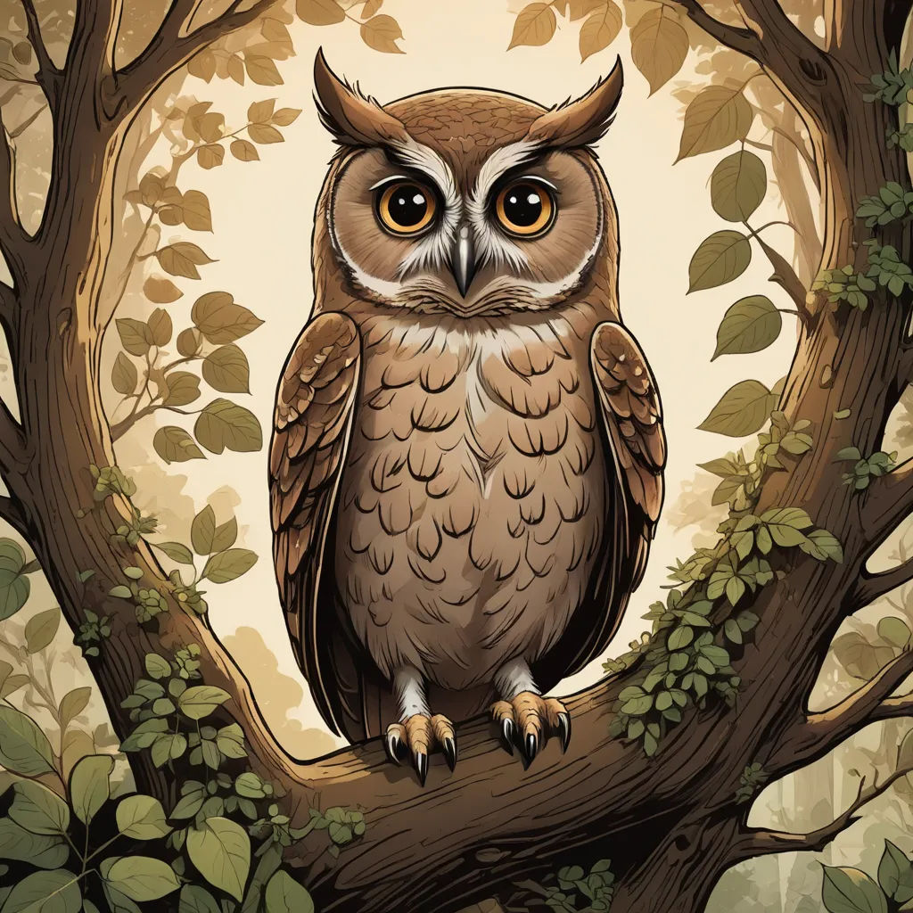 a brown owl sitting on a tree branch with leaves around it's edges and eyes wide open, with a yellow background, fantasy art, a storybook illustration, Dan Mumford, josan gonzales and dan mumford