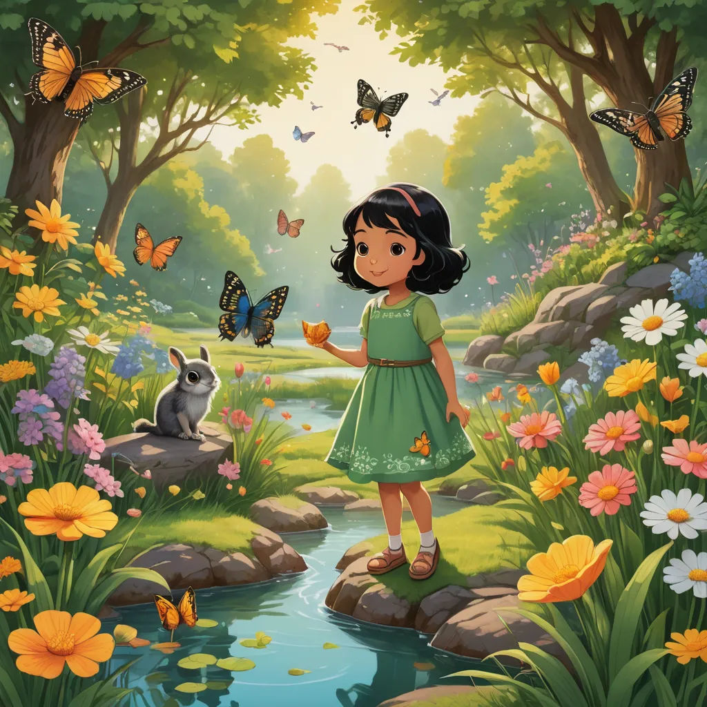 a girl in a green dress standing in a forest with a cat and butterflies flying around her and a stream running through the woods, magical realism, a storybook illustration, Elinor Proby Adams, storybook illustration
