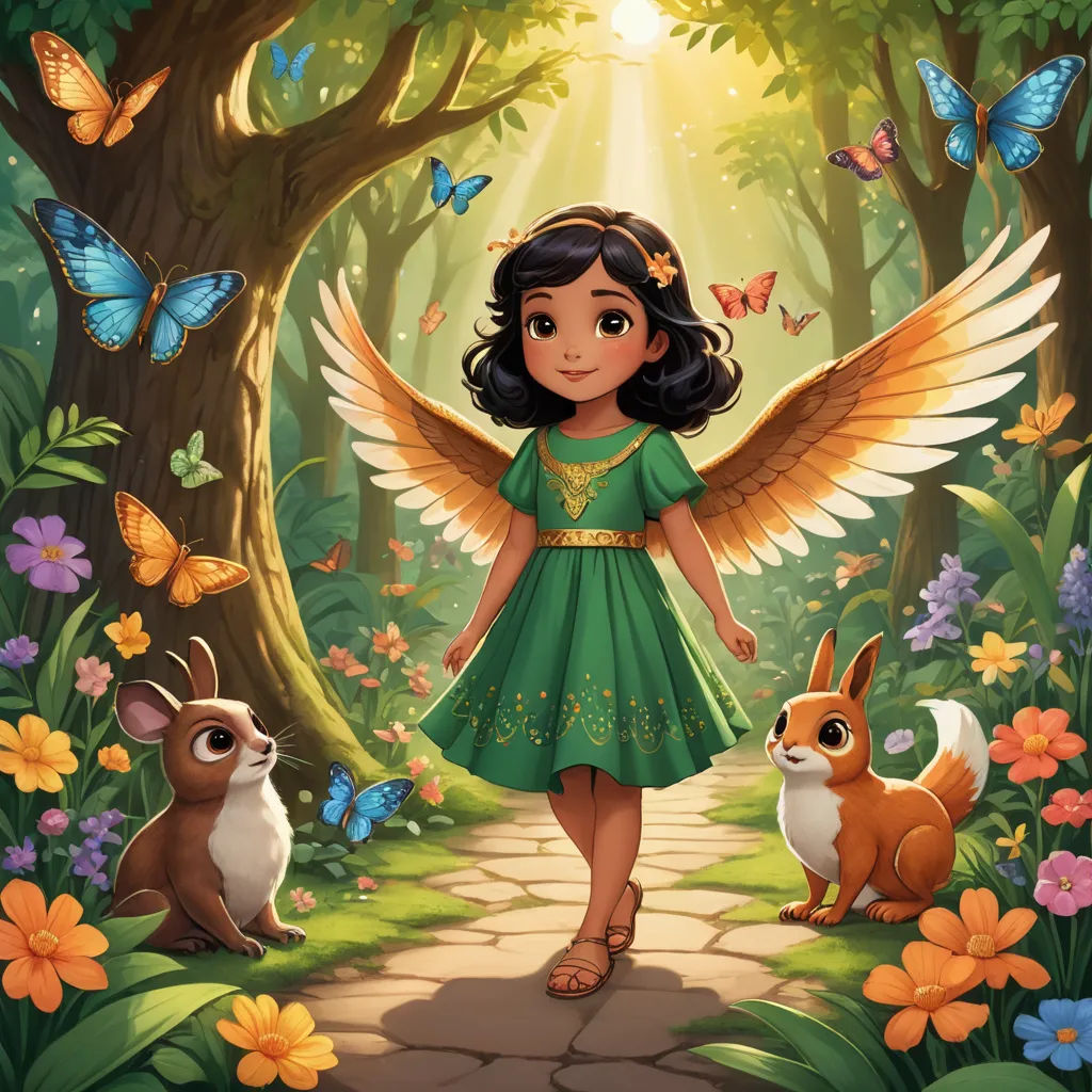 a girl in a green dress with a forest scene and animals surrounding her is surrounded by butterflies and flowers, fantasy art, a storybook illustration, Araceli Gilbert, key art