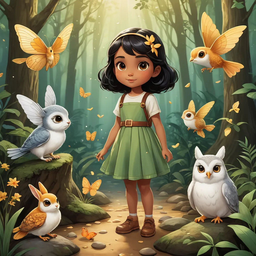 a girl standing in the middle of a forest surrounded by owls and butterflies, with a forest background with butterflies, fantasy art, a storybook illustration, Cliff Childs, promotional image