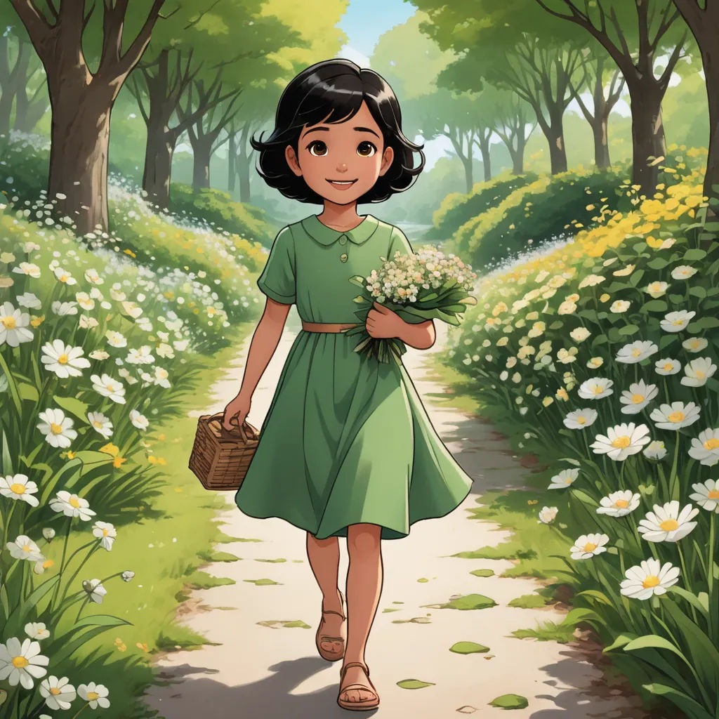 a girl in a green dress walking down a path with flowers in her hand and a basket of flowers in her hand, serial art, a storybook illustration, Alice Prin, official art