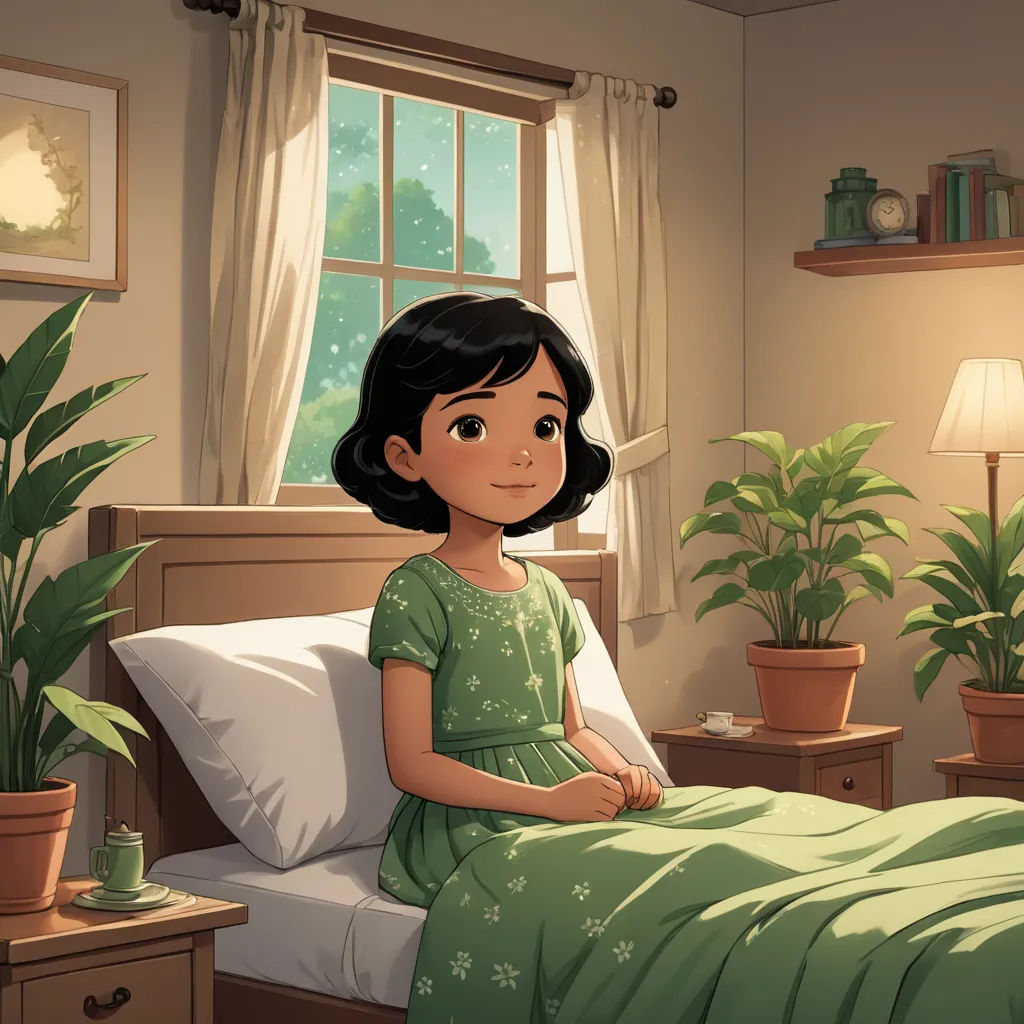 a girl sitting on a bed in a bedroom with a plant in the corner of the room and a window, american scene painting, a storybook illustration, Ada Gladys Killins, storybook illustration