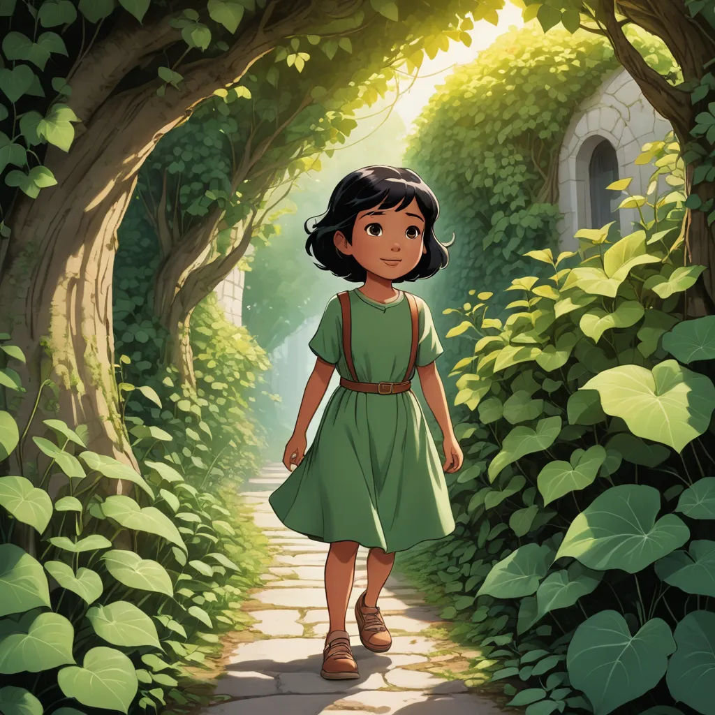 a cartoon girl walking down a path in a forest with green plants and trees on either side of her, magical realism, a storybook illustration, Cliff Childs, ghibli