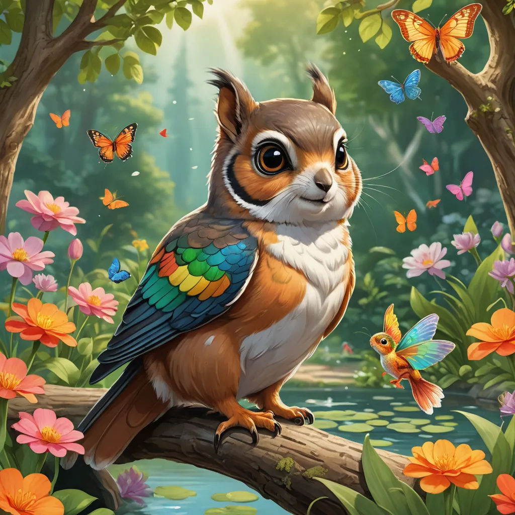 a painting of a bird sitting on a branch in a forest with butterflies around it and a pond of water, fantasy art, a detailed painting, Chris LaBrooy, magic the gathering artwork