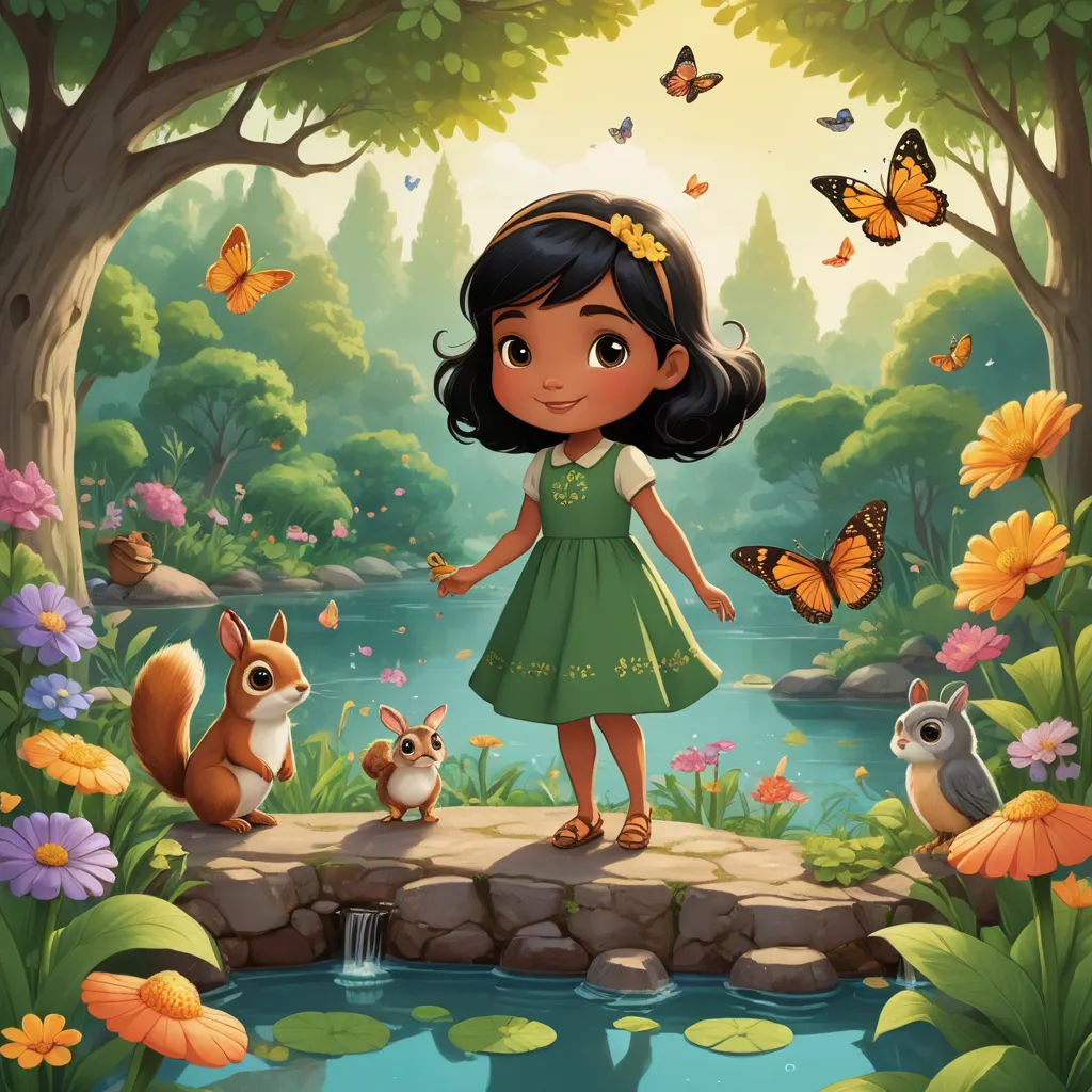 a girl standing on a bridge with animals in the background and butterflies flying around her in the air above her, fantasy art, a storybook illustration, Carol Sutton, promotional image