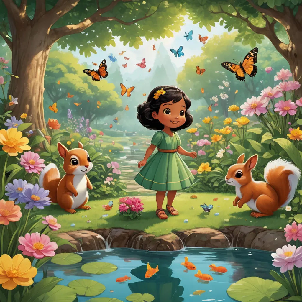 a girl in a green dress standing in front of a pond with a squirrel and a butterfly flying above her, pop surrealism, a storybook illustration, Ella Guru, promotional image