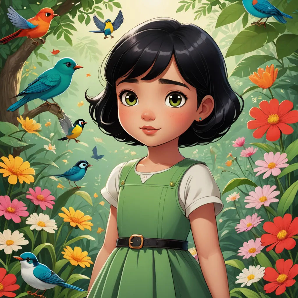 a girl in a green dress standing in a field of flowers and birds with a bird in the background, magic realism, a character portrait, Alice Prin, deviantart artstation