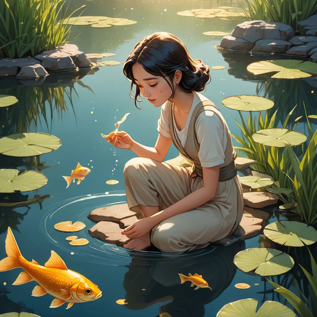 a woman sitting on a rock in a pond feeding a fish with a spoon in it's mouth, fantasy art, a detailed painting, Cyril Rolando, trending on art station